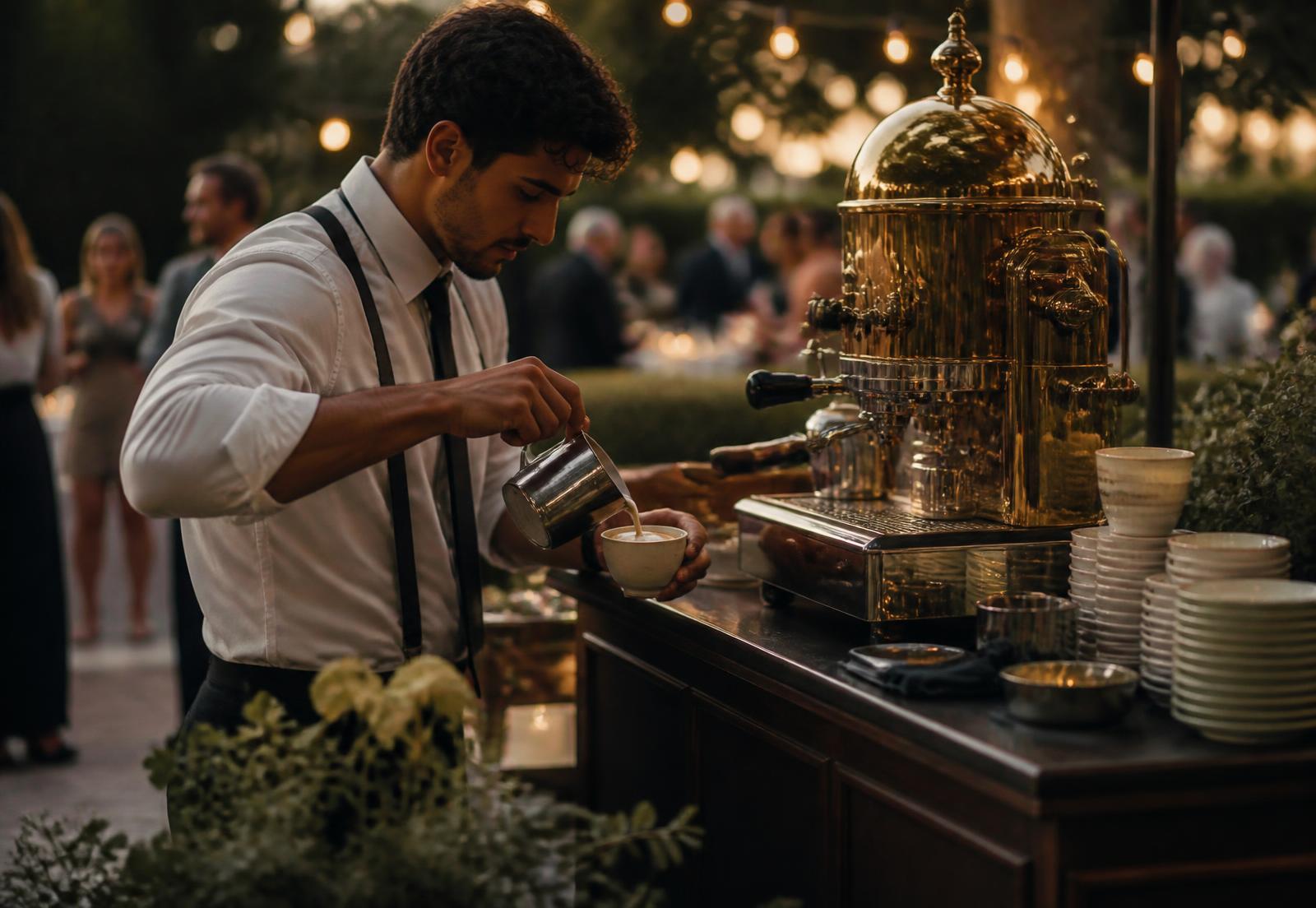 Barista pouring a latte at an outdoor evening event